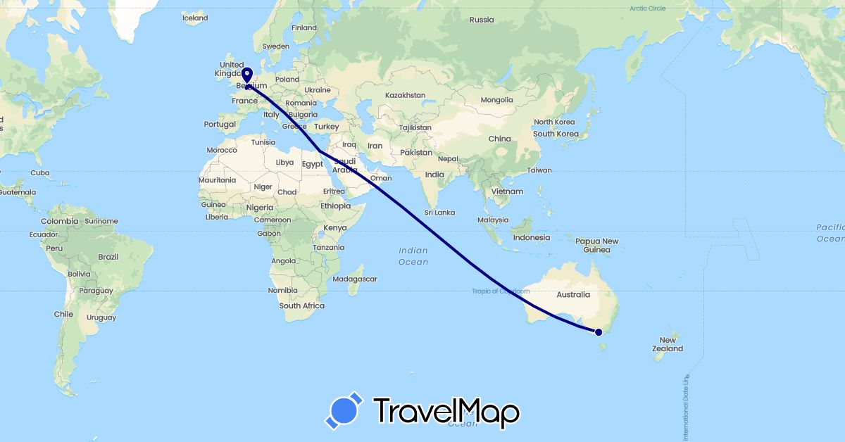 TravelMap itinerary: driving in Australia, Belgium, Egypt, France (Africa, Europe, Oceania)